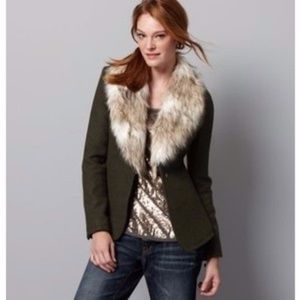 Ann Taylor LOFT Military Wool Jacket Blazer Fur Collar Olive Army Green